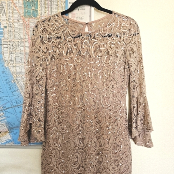 3 for $30! SALE Marina Lace Sequined Illusion Blush Sheath Bell Sleeve Dress - Picture 6 of 13